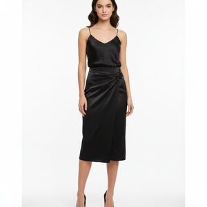 Nine West Black Faux Wrap Satin Finish Midi Skirt Size S NWT